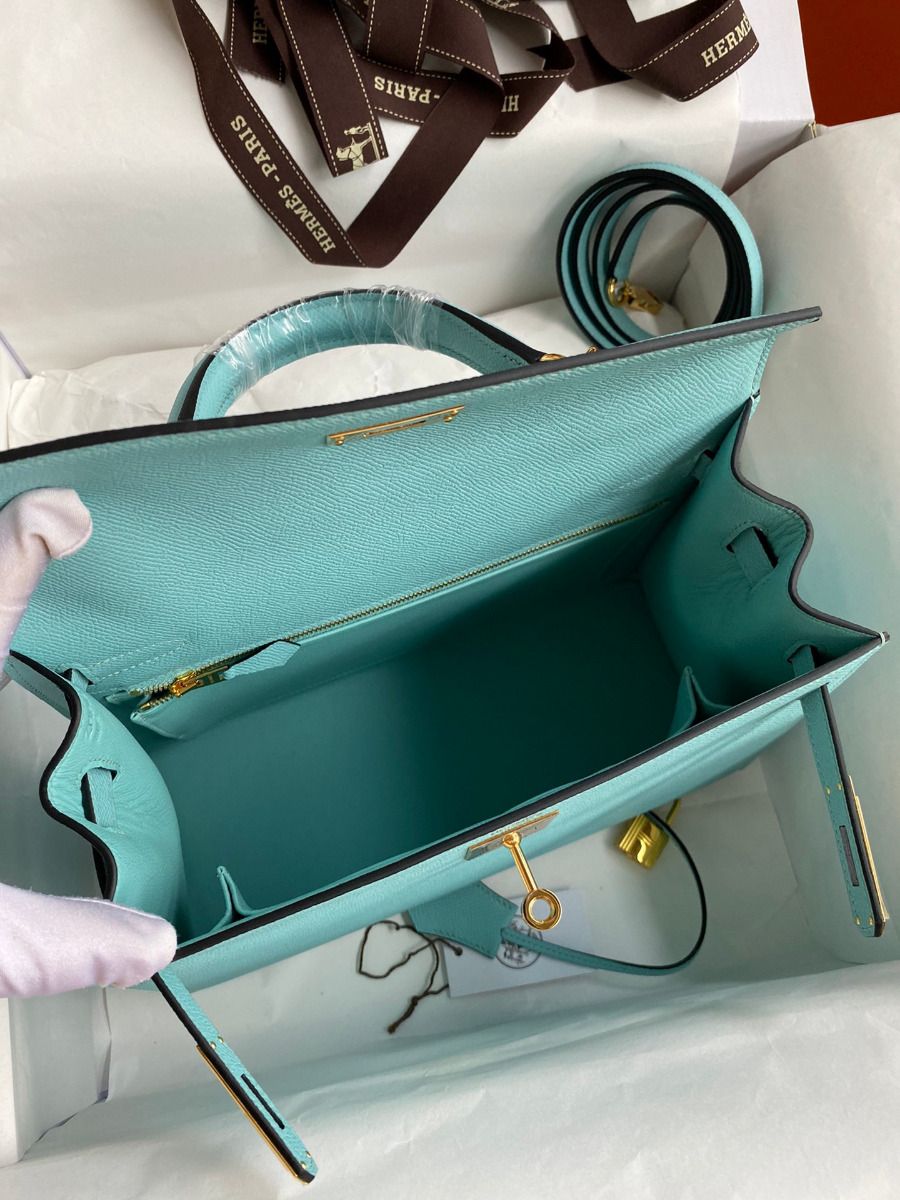 Hermes Kelly Sellier 32 Handmade Bag Blue Atoll Black Epsom Calfskin - Image 9