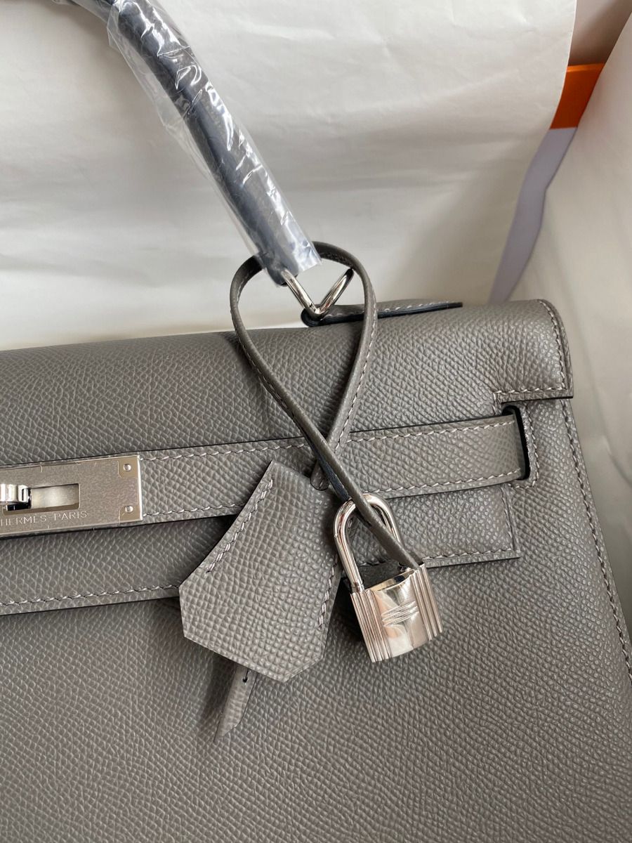 Hermes Kelly Sellier 32 Handmade Bag In Etain Epsom Calfskin - Image 4
