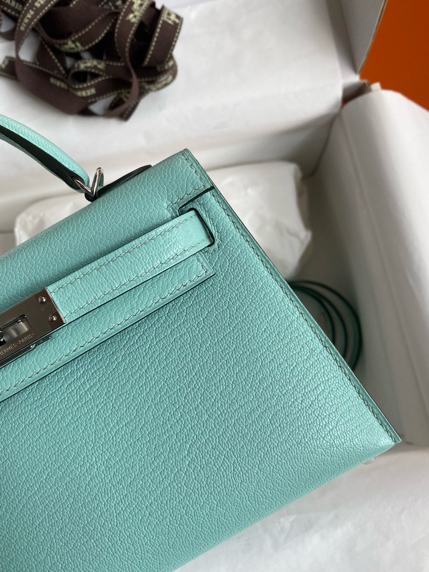 Hermes Kelly Mini II Verso Sellier Handmade Bag in Aqua Chevre Mysore Goatskin - Image 5