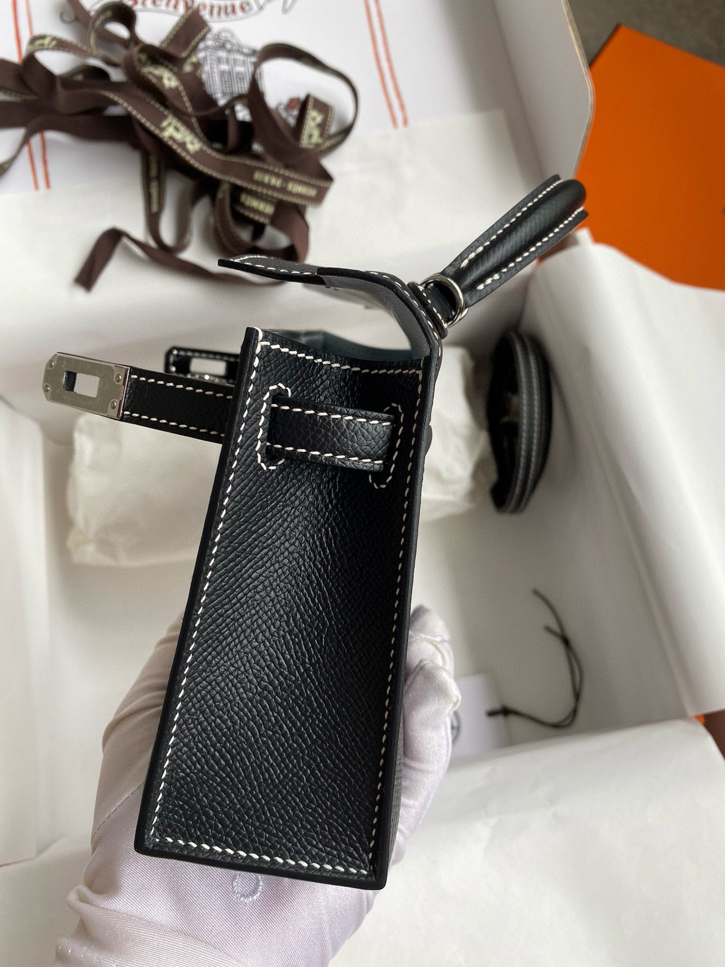 Hermes Kelly Mini II Sellier Verso Handmade Bag in Black and Blue Brume Epsom Calfskin - Image 7