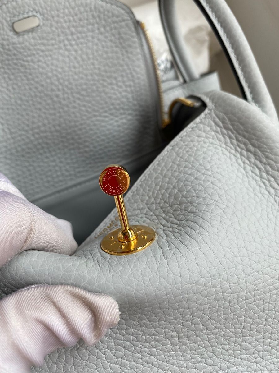 Hermes Mini Lindy Handmade Bag In Blue Brume Clemence Leather - Image 10