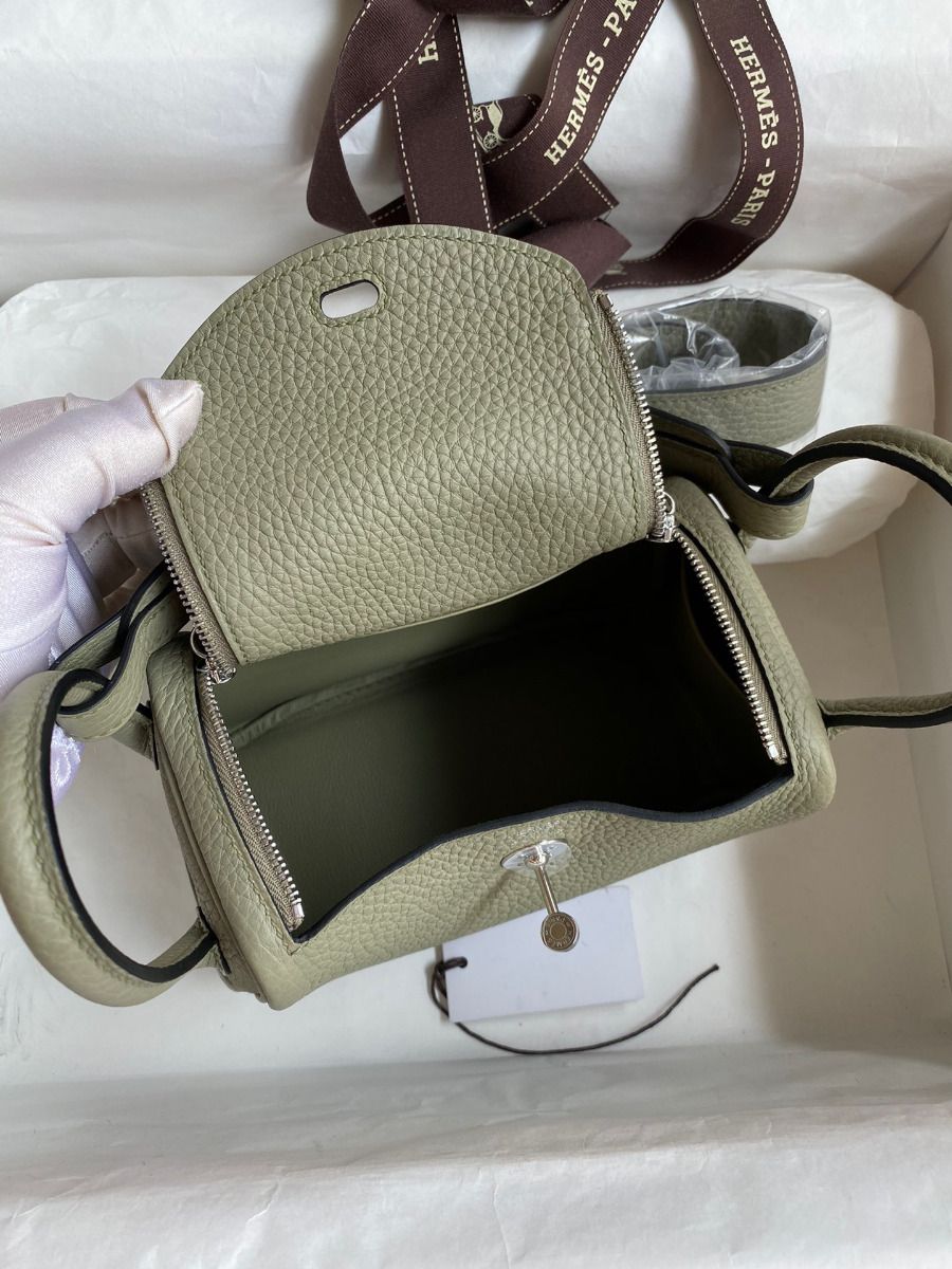 Hermes Mini Lindy Handmade Bag In Sauge Clemence Leather - Image 8