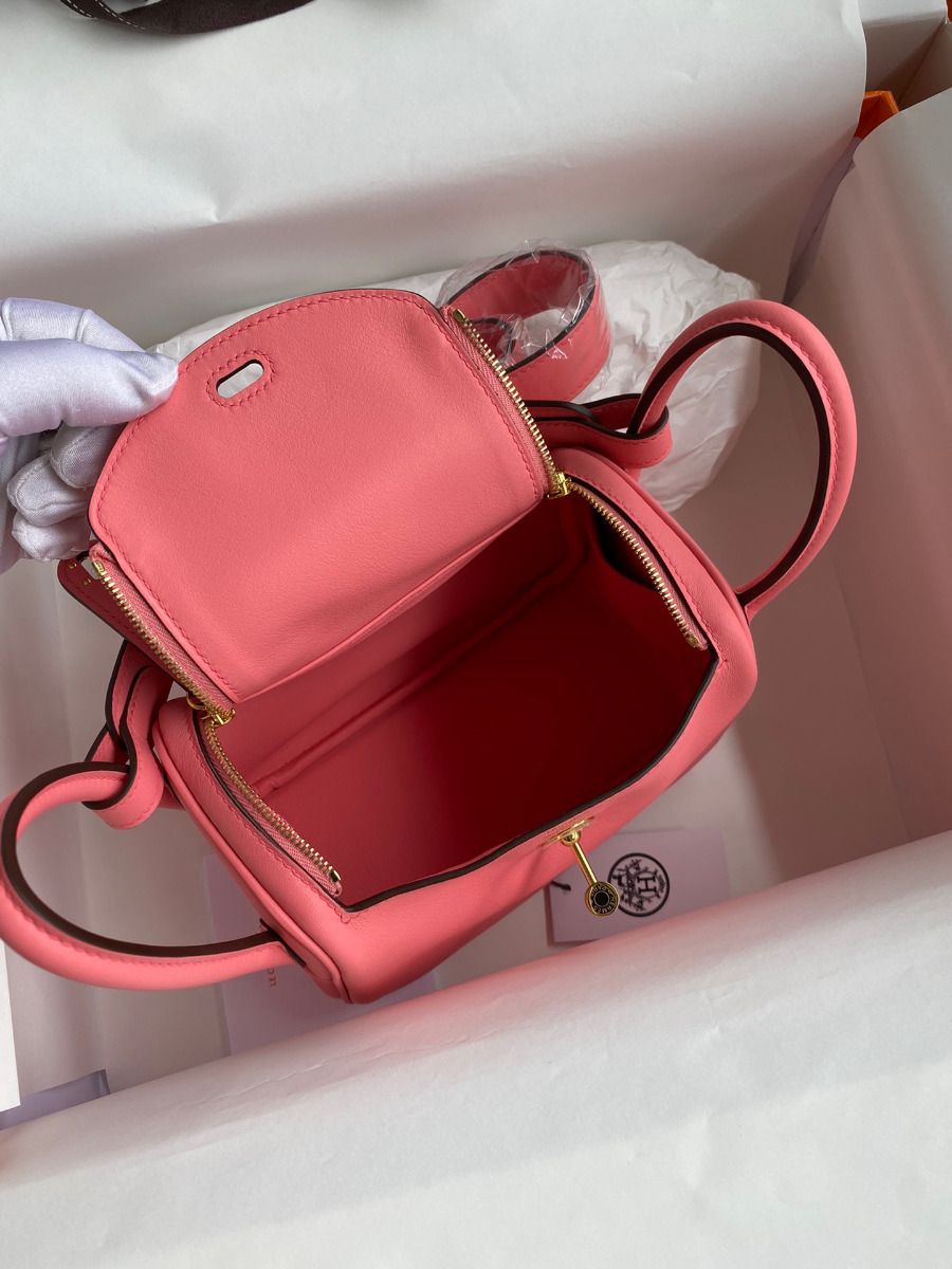 Hermes Mini Lindy Handmade Bag In Rose Lipstick Swift Leather - Image 8