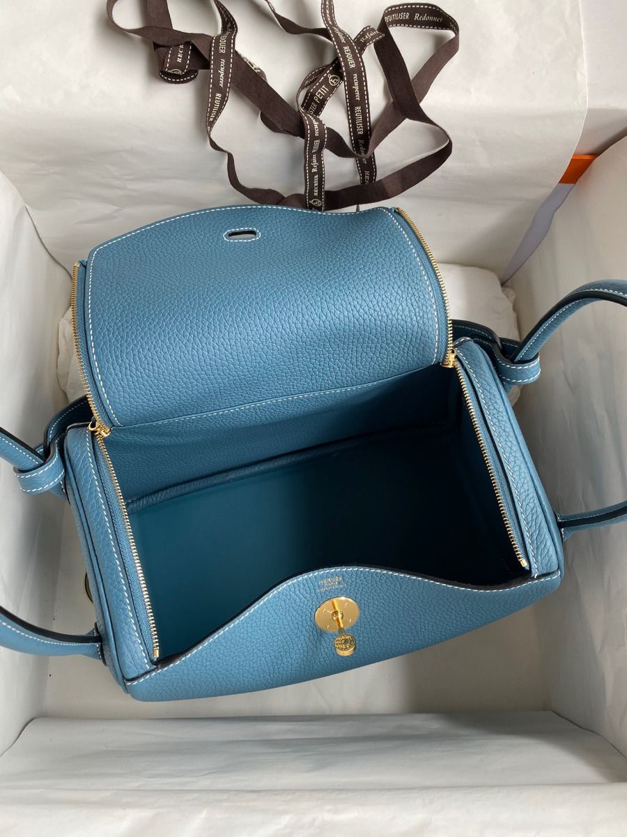 Hermes Lindy 26 Handmade Bag In Blue Jean Clemence Leather - Image 9