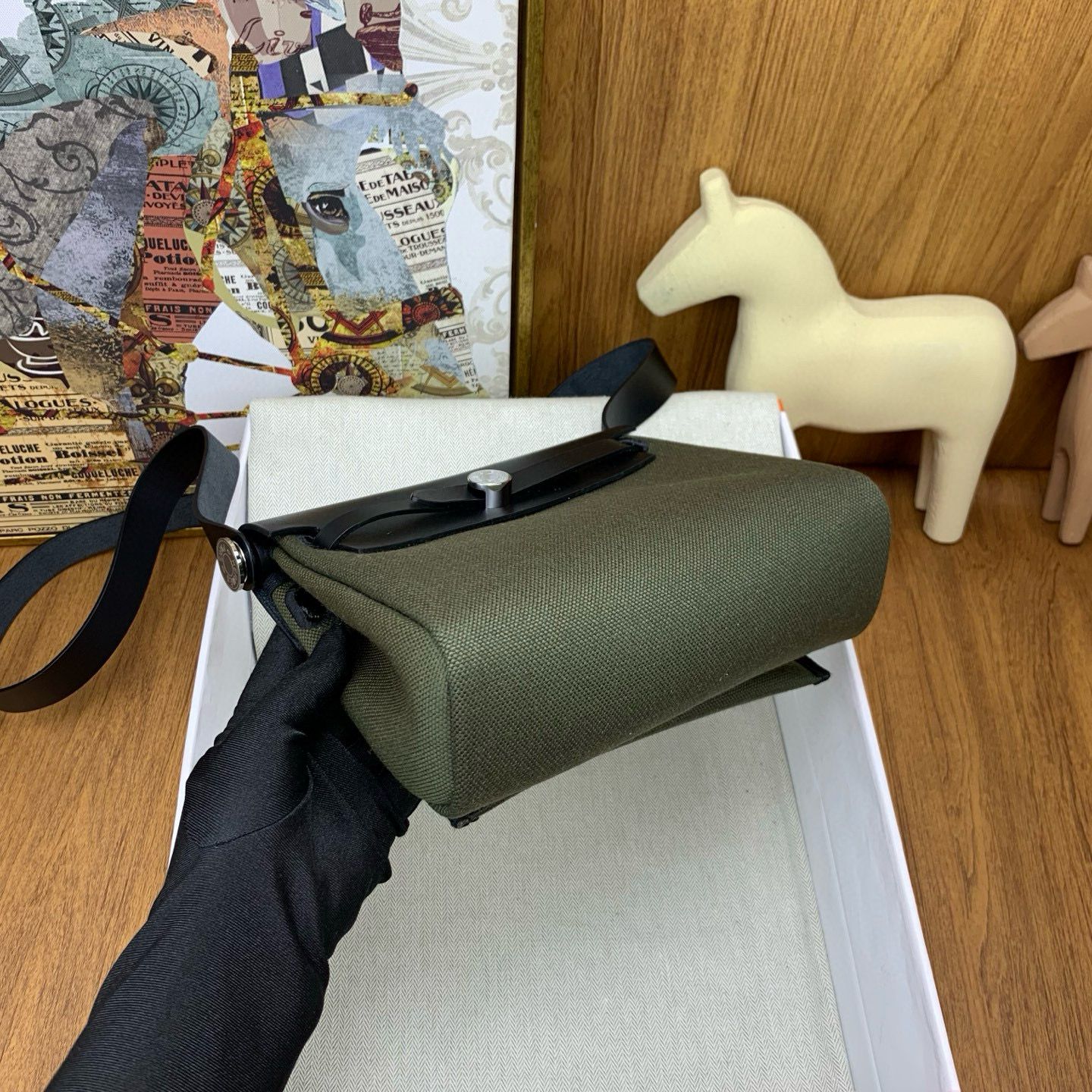 Hermes Herbag Zip 20 Bag in Green Canvas and Black Hunter Calfskin - Image 10