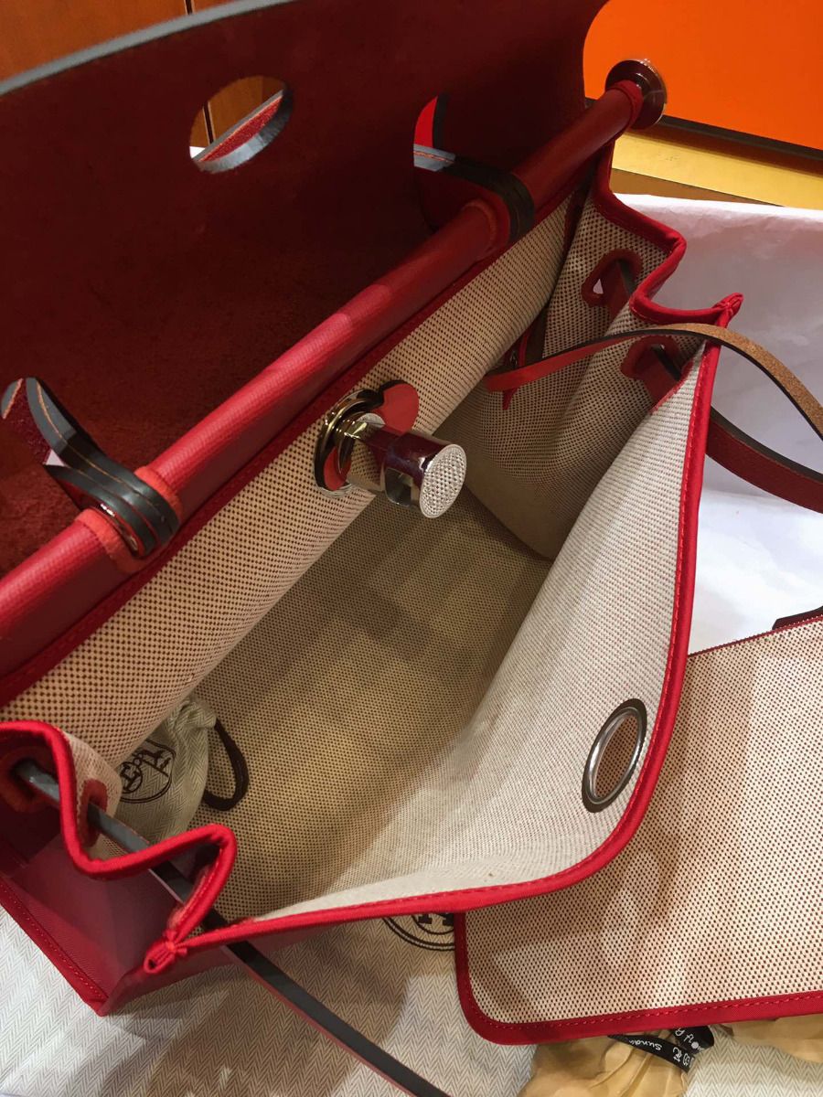 Hermes Herbag Zip 31cm Bag In Red Toile And Leather - Image 9