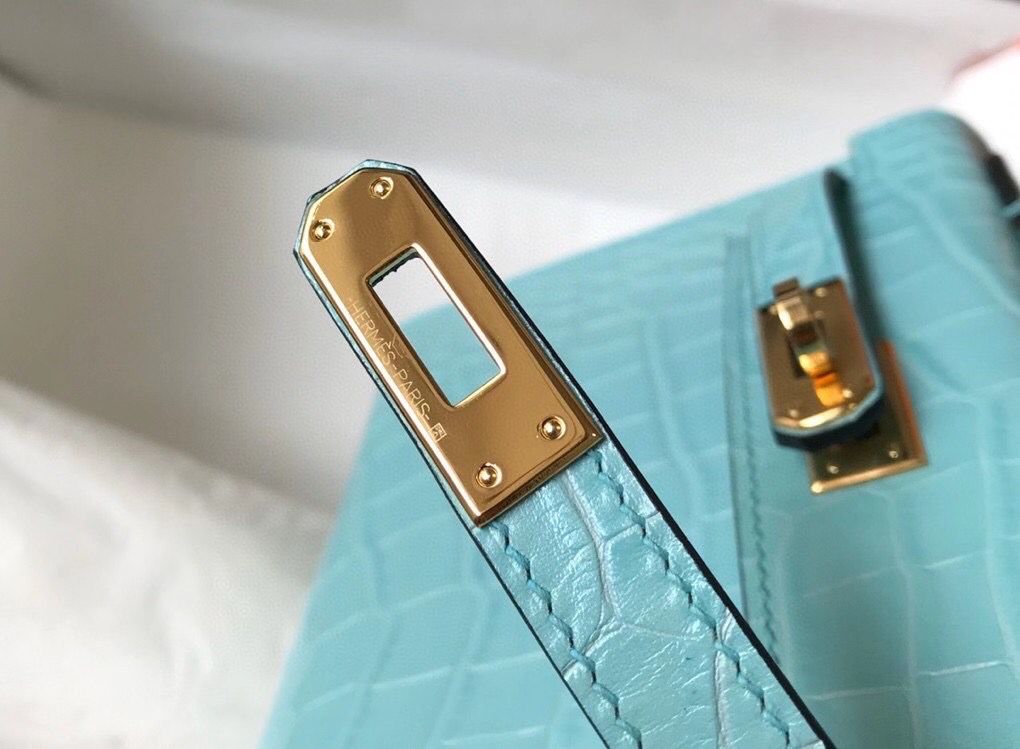 Hermes Kelly Mini II Handmade Bag In Blue Atoll Crocodile Embossed Leather - Image 7