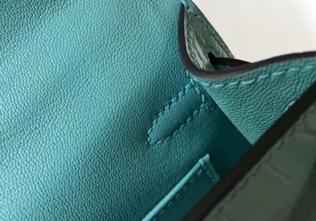 Hermes Kelly Mini II Handmade Bag In Blue Atoll Crocodile Embossed Leather - Image 8