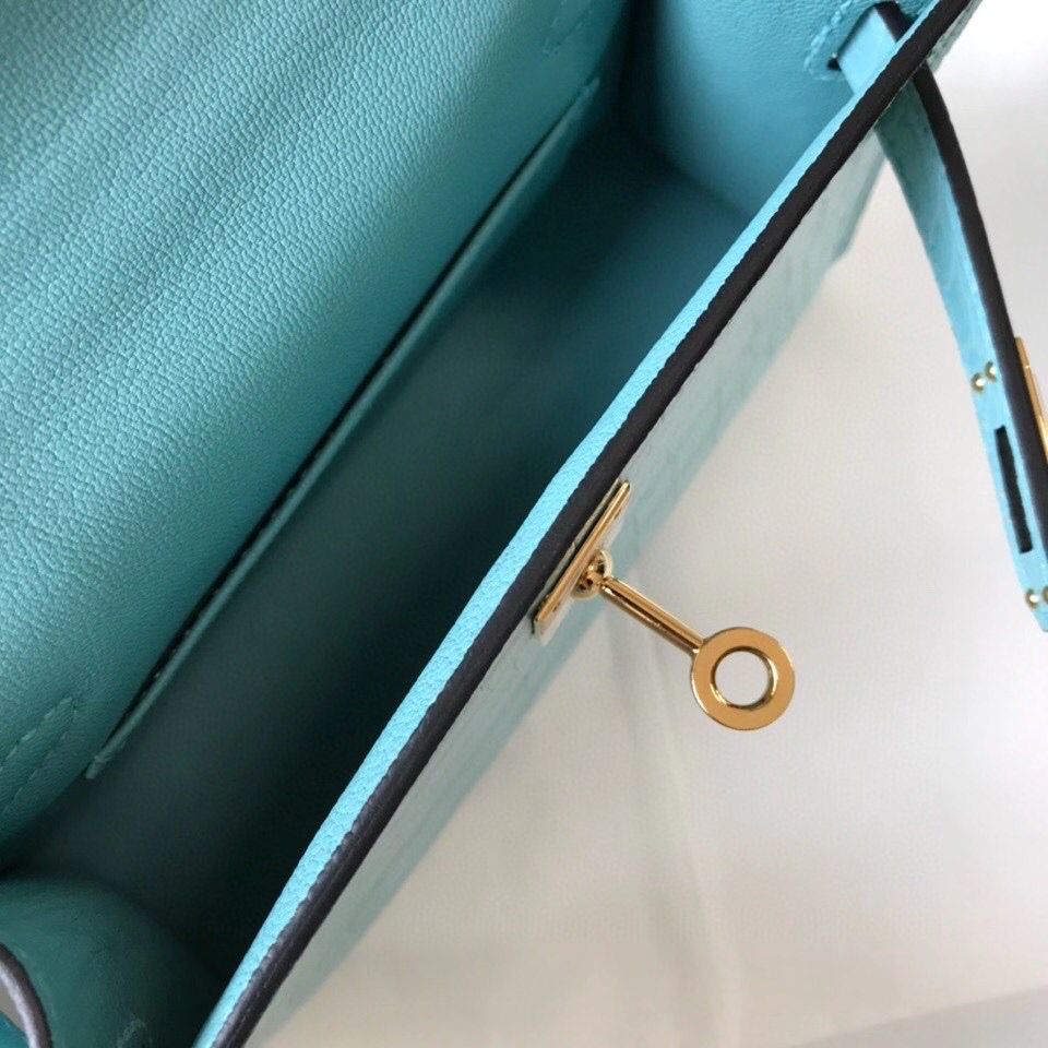 Hermes Kelly Mini II Handmade Bag In Blue Atoll Crocodile Embossed Leather - Image 9