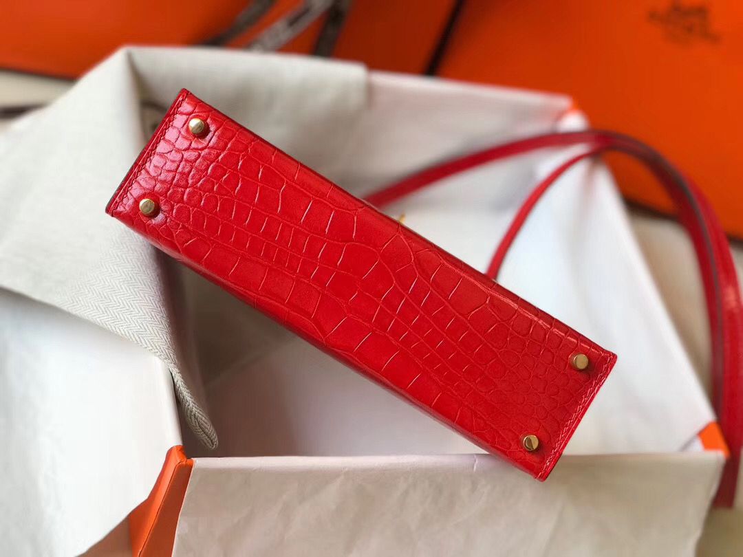Hermes Kelly Mini II Handmade Bag In Red Crocodile Embossed Leather - Image 6