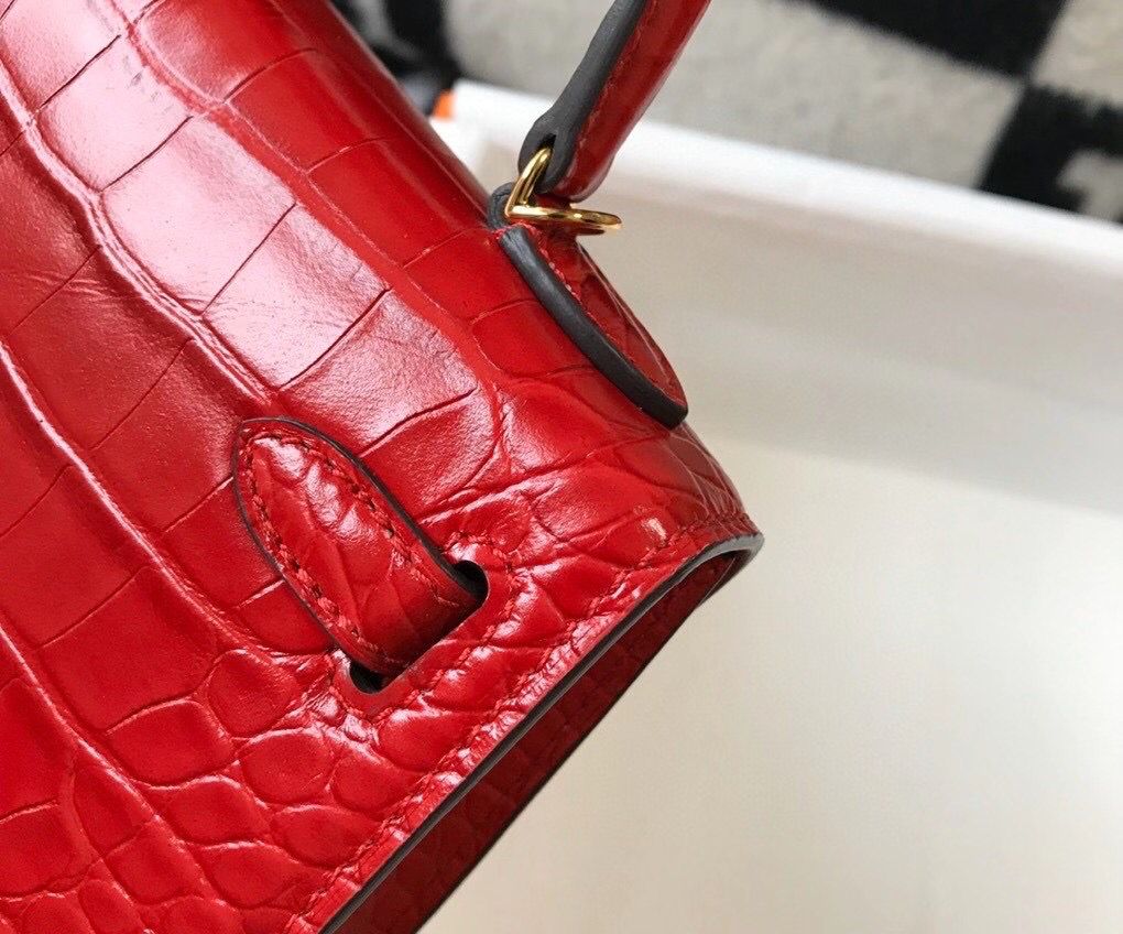Hermes Kelly Mini II Bag In Red Embossed Crocodile Leather - Image 7