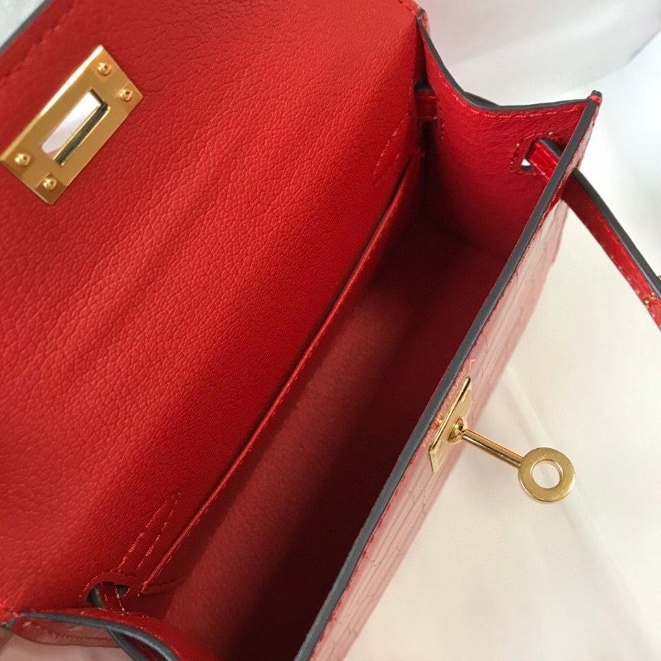 Hermes Kelly Mini II Bag In Red Embossed Crocodile Leather - Image 9