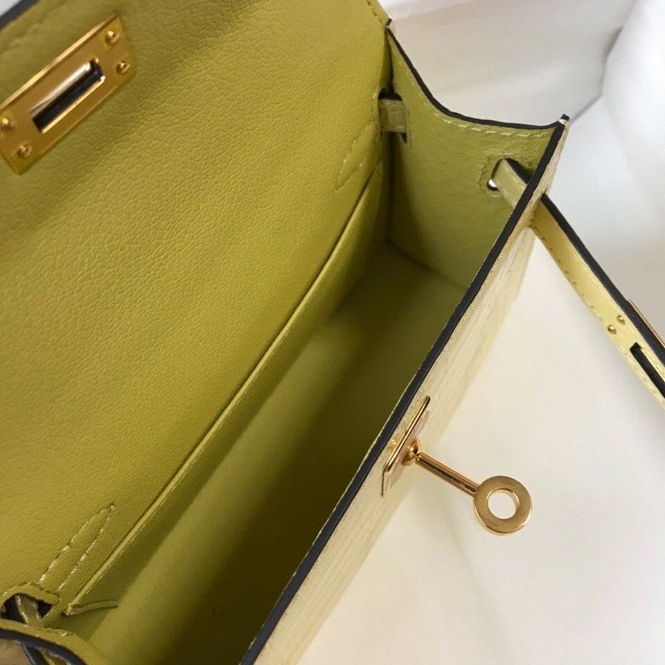 Hermes Kelly Mini II Bag In Jaune Poussin Embossed Crocodile Leather - Image 9