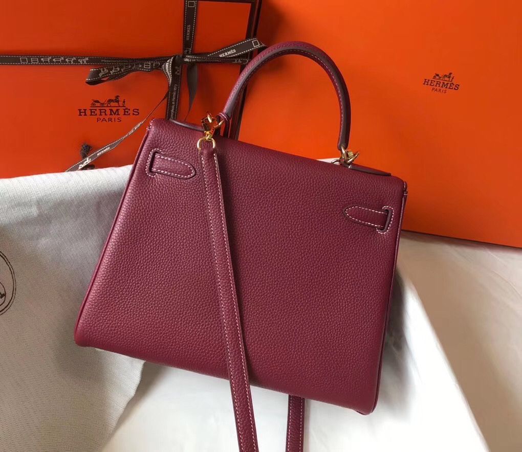 Hermes Kelly 25cm Retourne Bag In Bordeaux Clemence Leather - Image 3