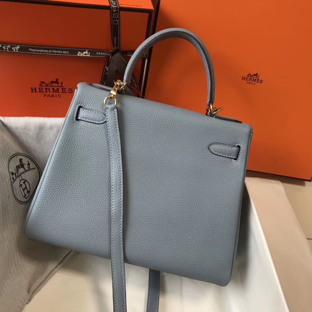 Hermes Kelly 28cm Bag In Blue Lin Clemence Leather GHW - Image 3