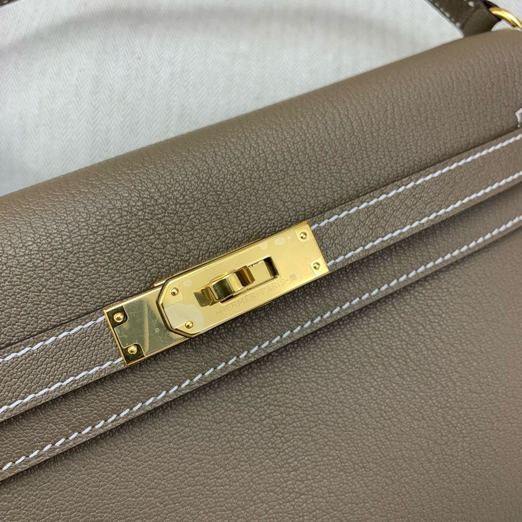 Hermes Kelly Elan Handmade Bag In Taupe Chevre Mysore Leather - Image 5