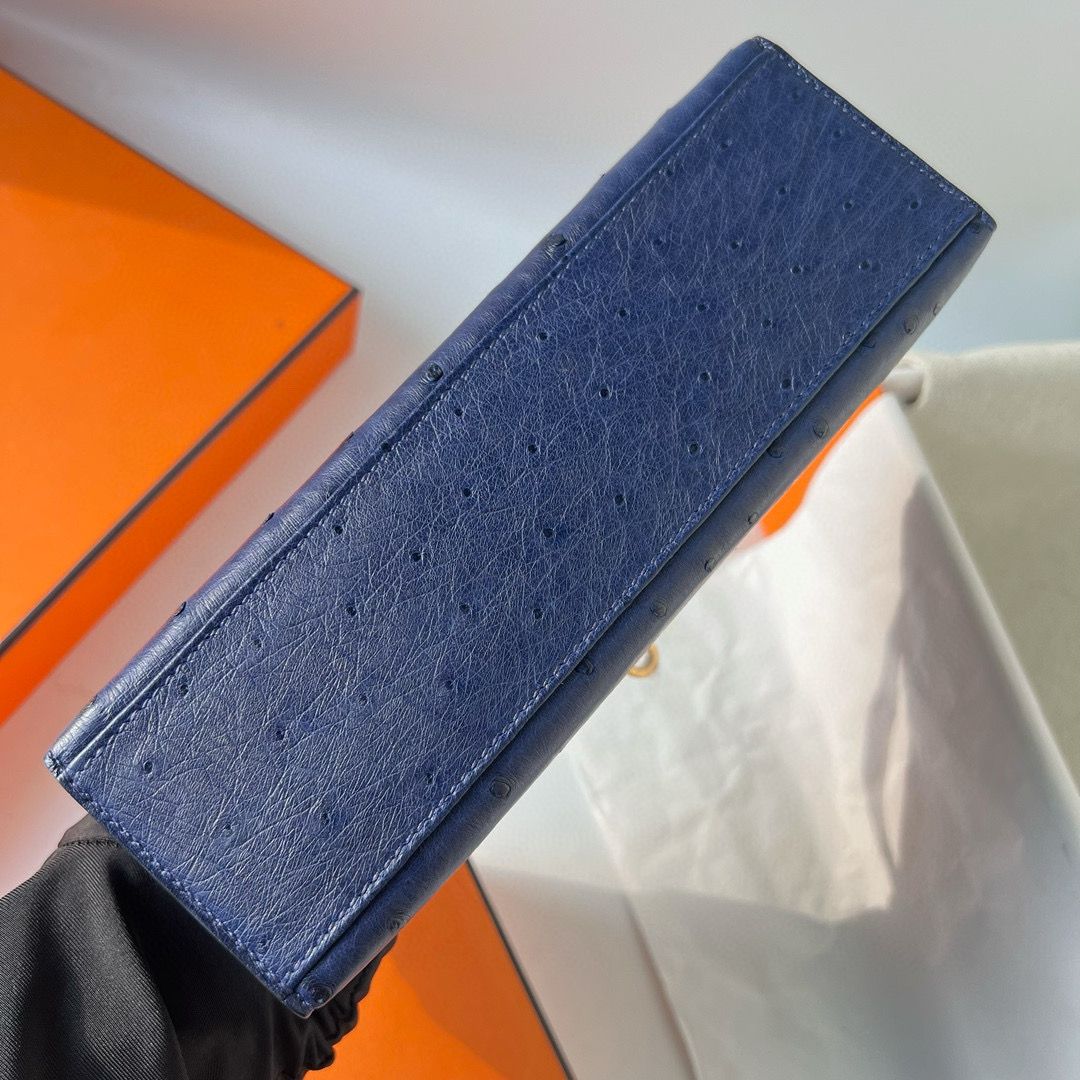 Hermes Kelly Pochette Handmade Bag in Blue de Malte Ostrich Leather - Image 9