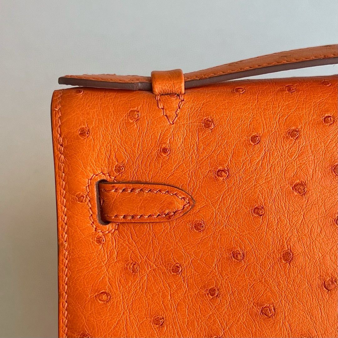 Hermes Kelly Pochette Handmade Bag in Orange Ostrich Leather - Image 6