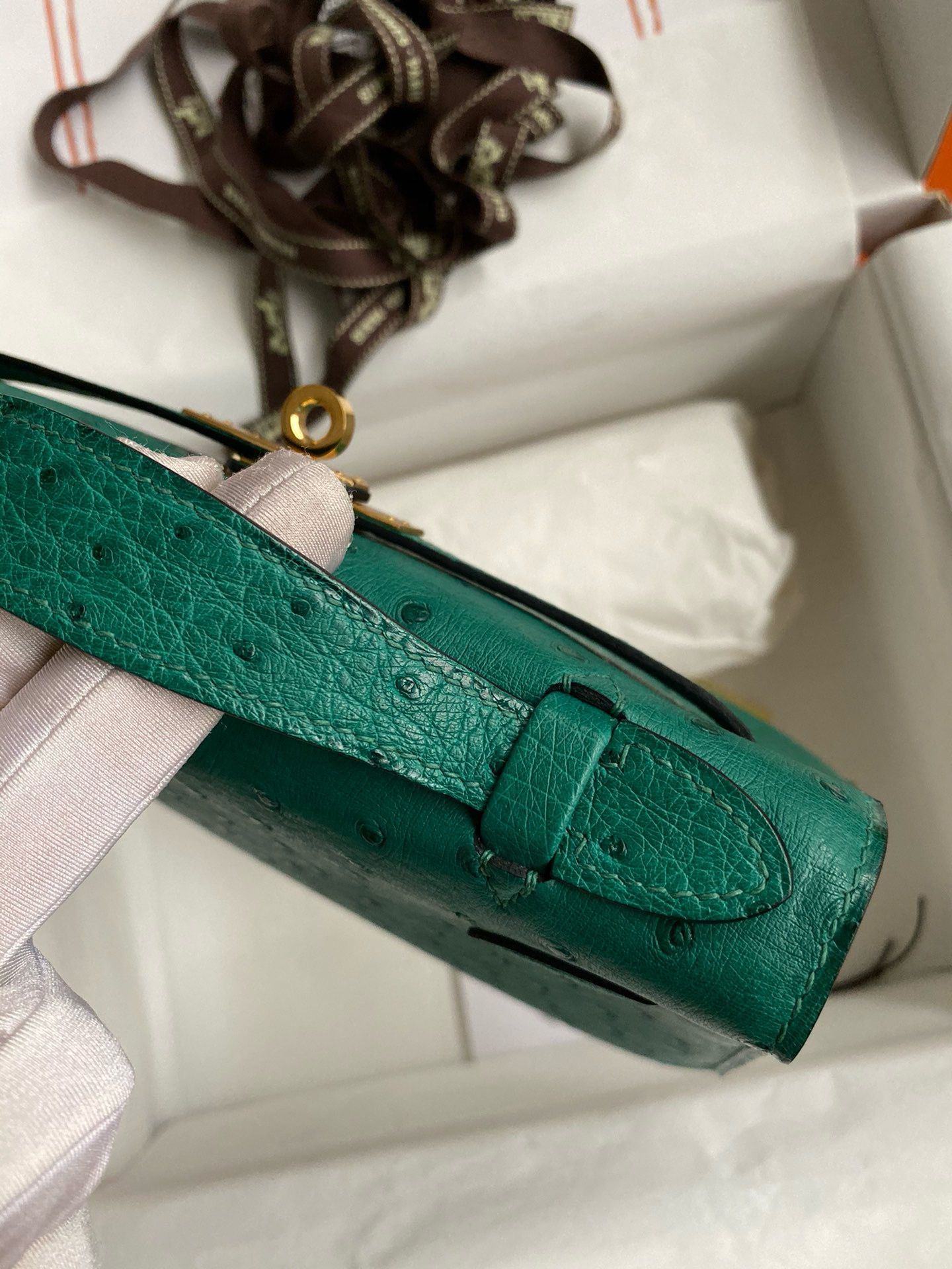 Hermes Kelly Pochette Handmade Bag in Vert Vertigo Bordeaux Ostrich Leather - Image 7