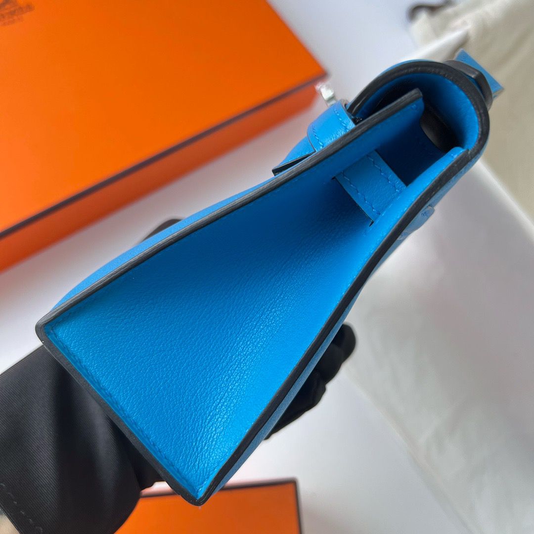 Hermes Kelly Pochette Handmade Bag In Blue Frida Swift Calfskin - Image 7