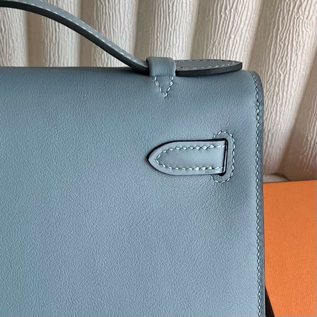Hermes Kelly Pochette Handmade Bag in Blue Lin Swift Calfskin - Image 8