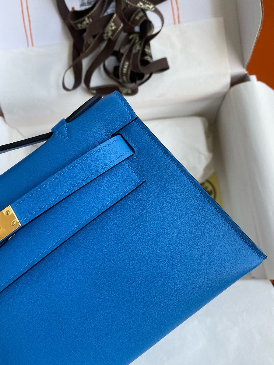 Hermes Kelly Pochette Handmade Bag In Blue Zanzibar Swift Calfskin - Image 5