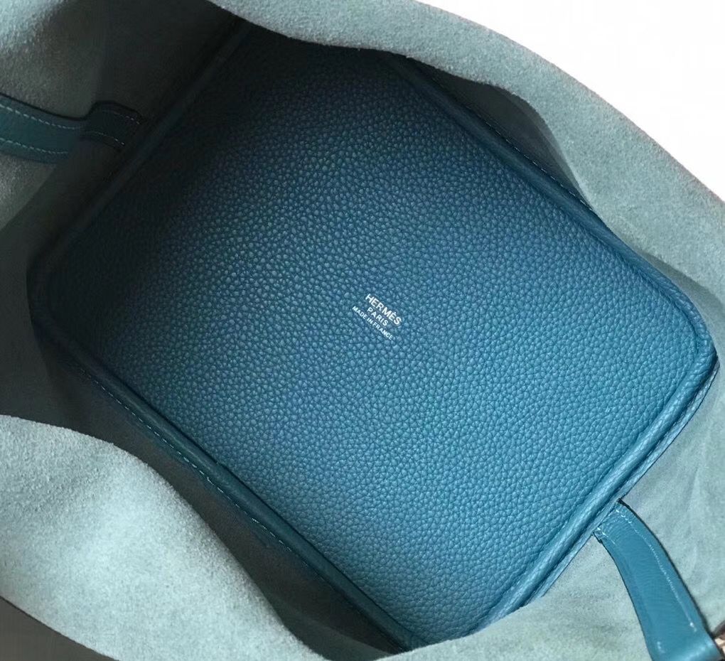 Hermes Picotin Lock 22 Bag In Blue Jean Clemence Leather - Image 9