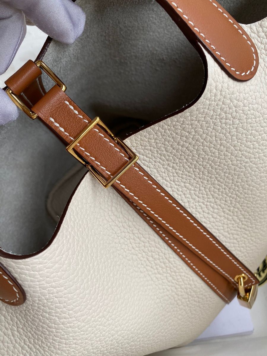 Hermes Picotin Lock 18 Bicolor Handmade Bag in Craie and Gold Clemence Leather - Image 6
