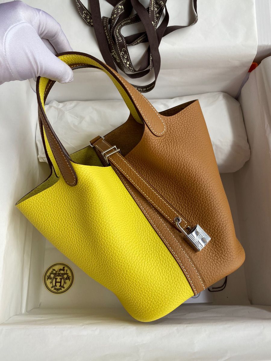 Hermes Picotin Lock 18 Bicolor Handmade Bag in Lime and Gold Clemence Leather - Image 3