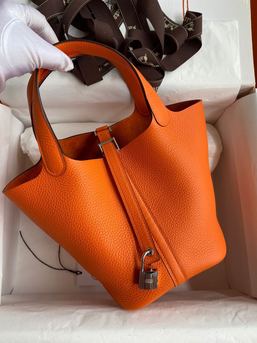 Hermes Picotin Lock 18 Handmade Bag in Orange Clemence Leather - Image 3