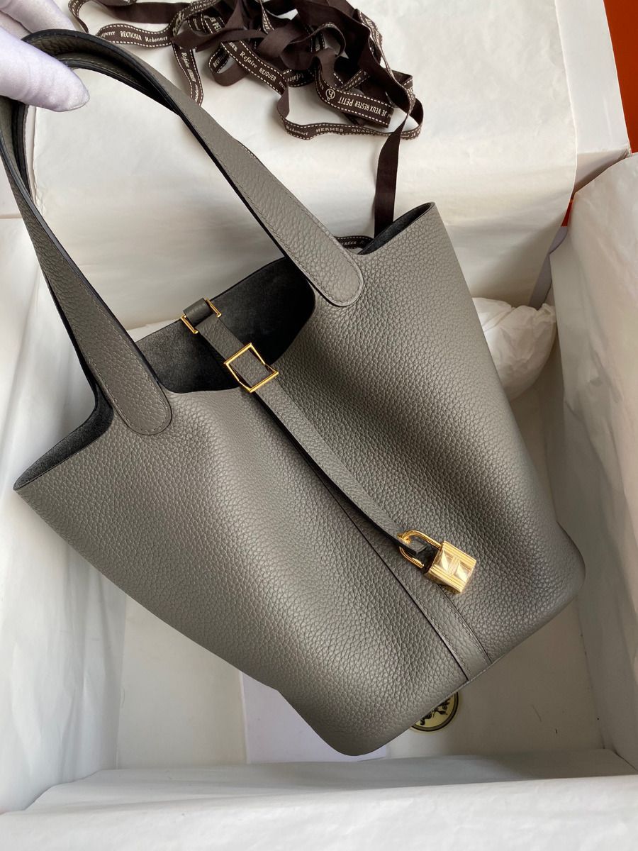 Hermes Picotin Lock 22 Handmade Bag in Etain Clemence Leather - Image 3