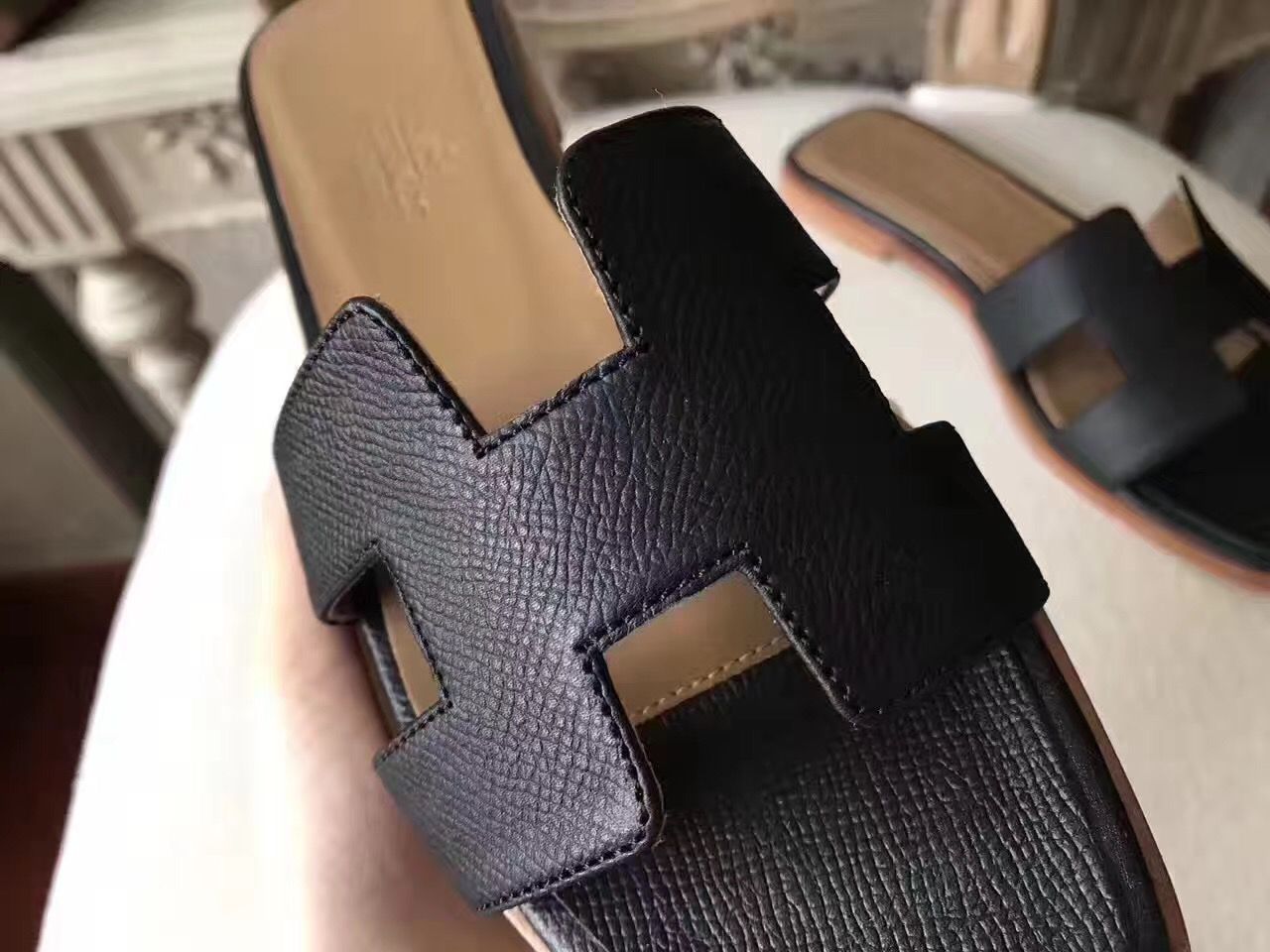 Hermes Oran Sandals In Black Epsom Leather - Image 7