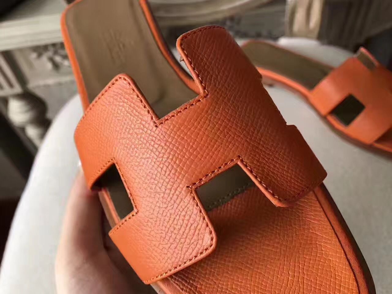 Hermes Oran Sandals In Orange Epsom Leather - Image 7