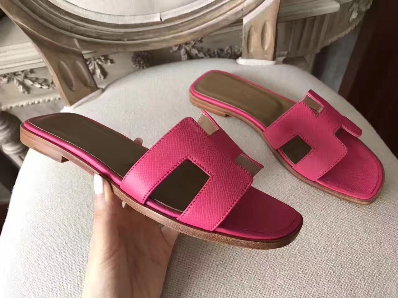 Hermes Oran Sandals In Rose Red Epsom Leather - Image 6