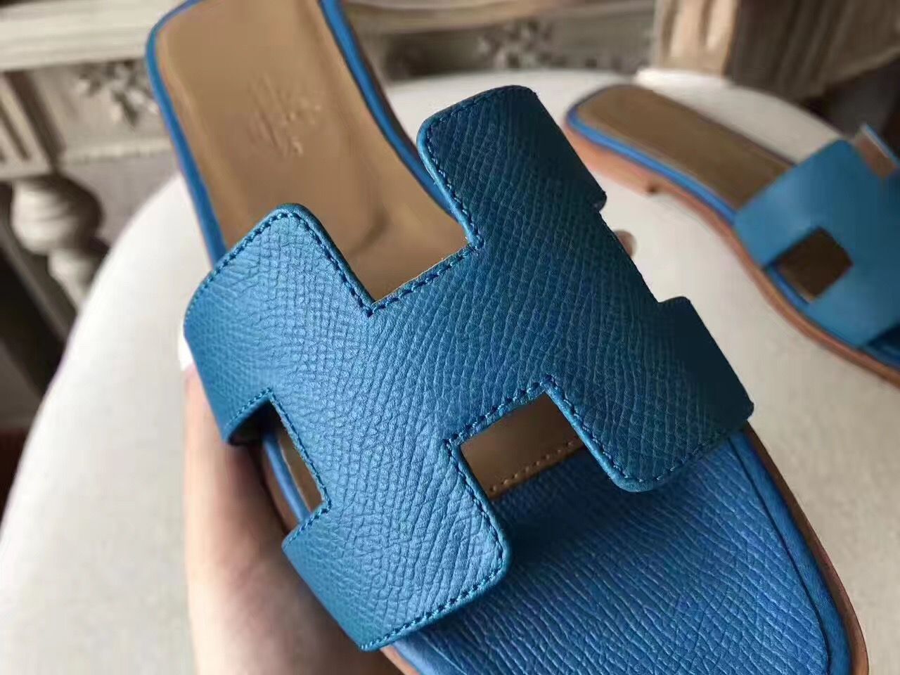 Hermes Oran Sandals In Turquoise Epsom Leather - Image 5