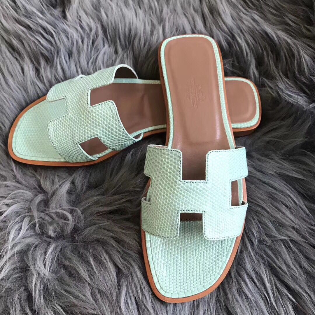 Hermes Oran Sandals In Aqua Lizard Leather - Image 4