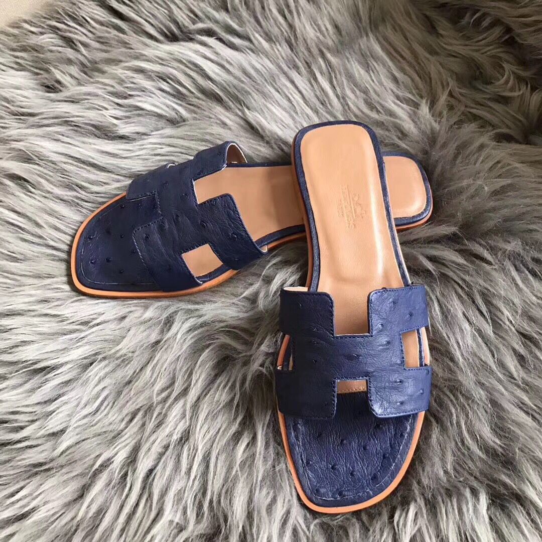 Hermes Oran Sandals In Blue Ostrich Leather - Image 3