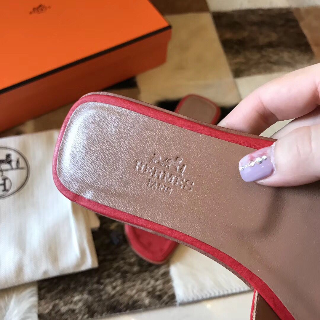 Hermes Oran Sandals In Red Ostrich Leather - Image 4