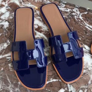 Hermes Oran Sandals In Blue Patent Leather