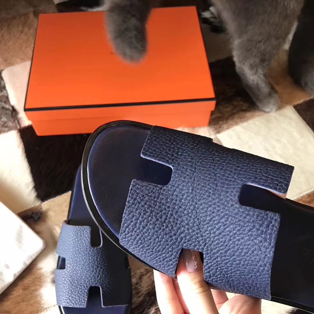 Hermes Izmir Sandals In Navy Blue Clemence Leather - Image 6