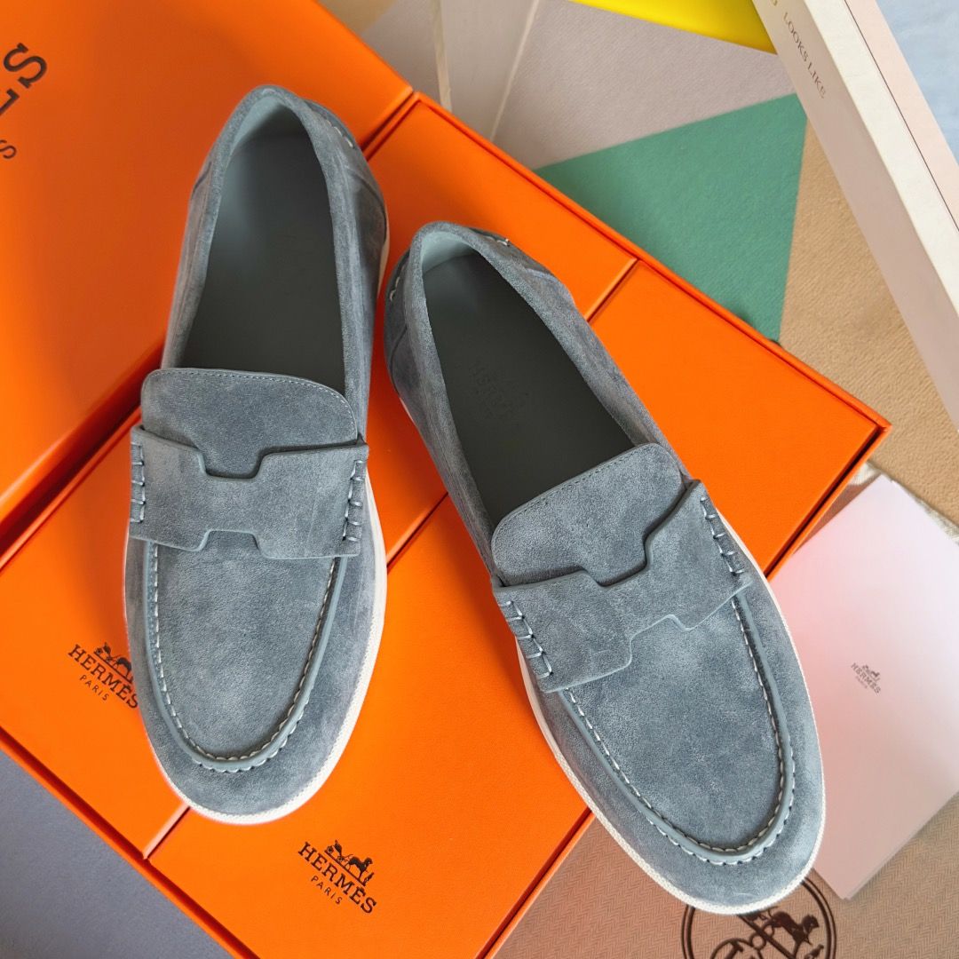 Hermes Men's Job Loafers in Blue Grignon Suede Calfskin - Image 3