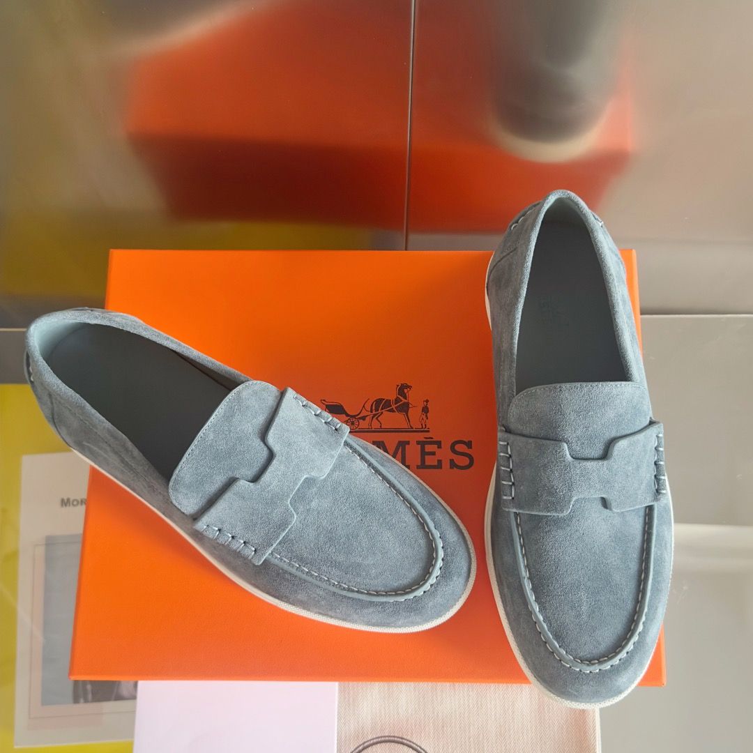 Hermes Men's Job Loafers in Blue Grignon Suede Calfskin - Image 4