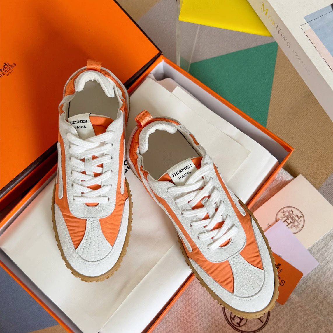 Hermes Men's Jet Sneakers in Orange Technical Canvas - Image 3