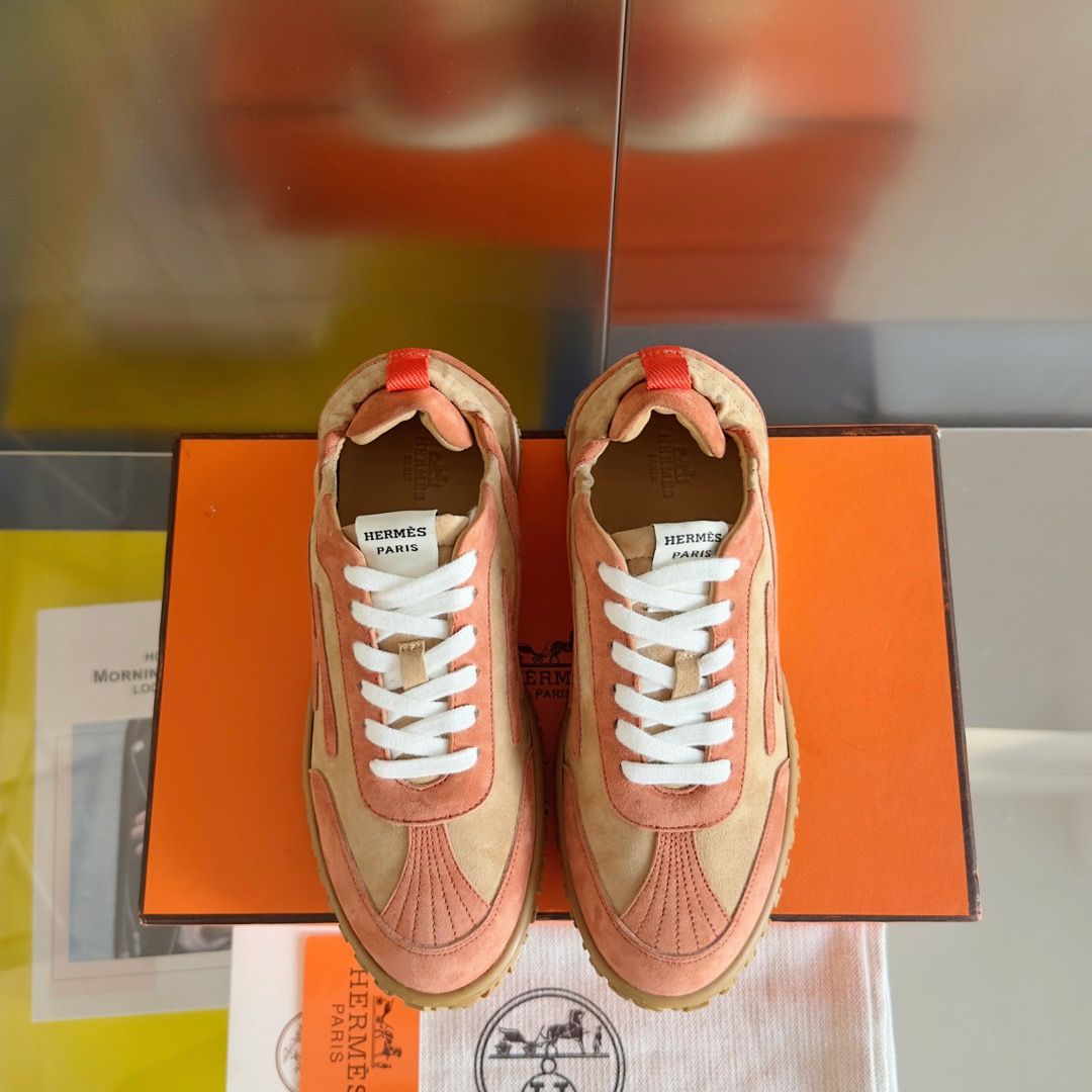 Hermes Men's Jet Sneakers in Beige/Orange Suede Leather - Image 8