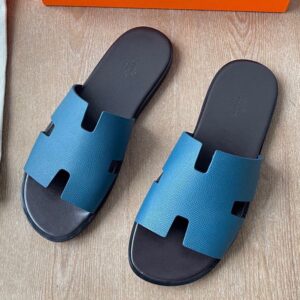 Hermes Izmir Sandals in Blue Epsom Calfskin with Black Insole