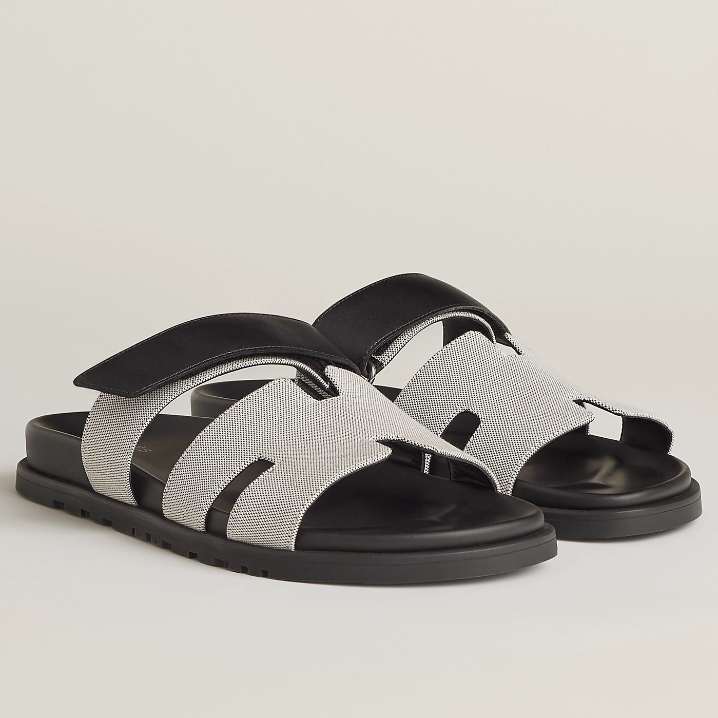 Hermes Men's Chypre Sandals In Canvas with Black Leather