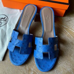 Hermes Oasis Sandals in Blue Hydra Ostrich Leather