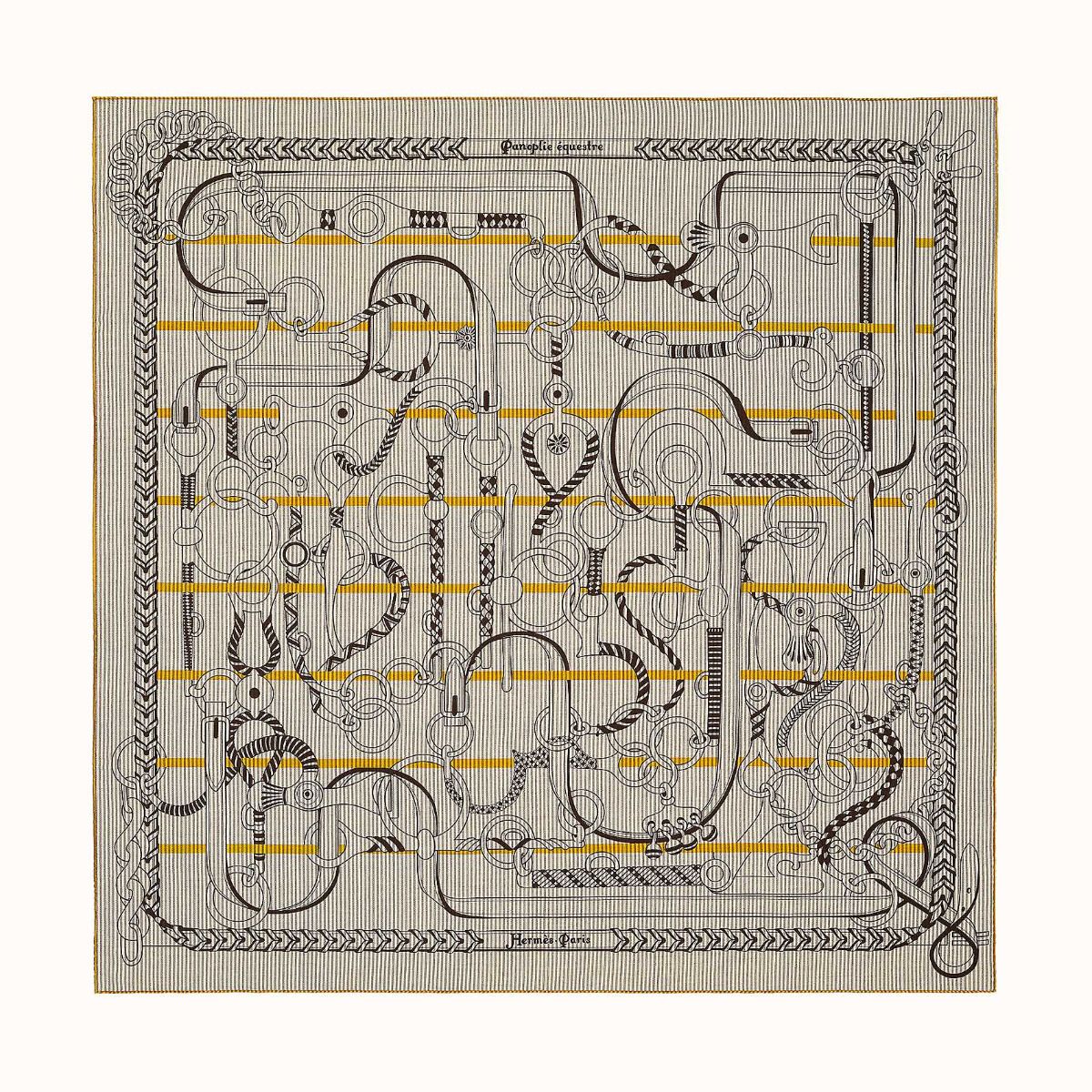 Hermes Grey/Yellow Panoplie Equestre Eyeliner Shawl 140