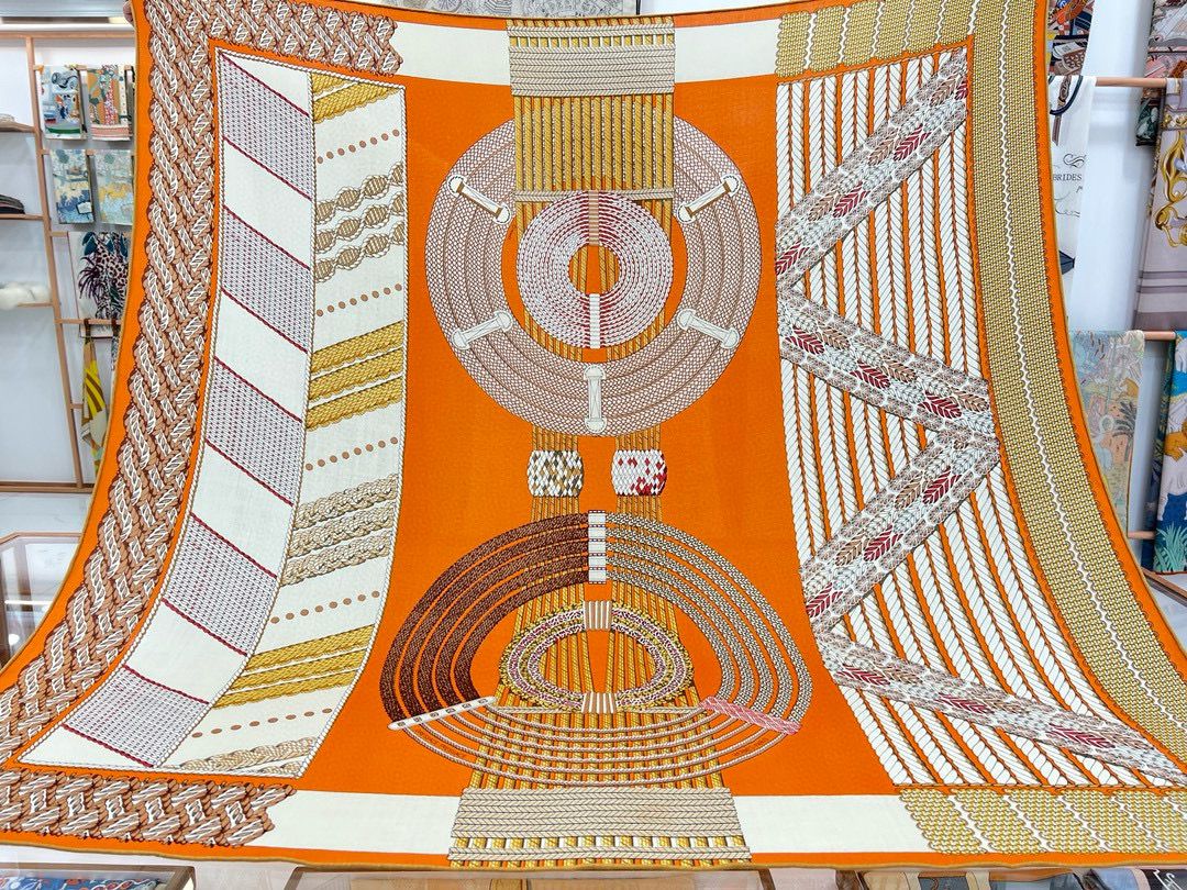 Hermes Orange Dressage Tressage Shawl 140 - Image 3