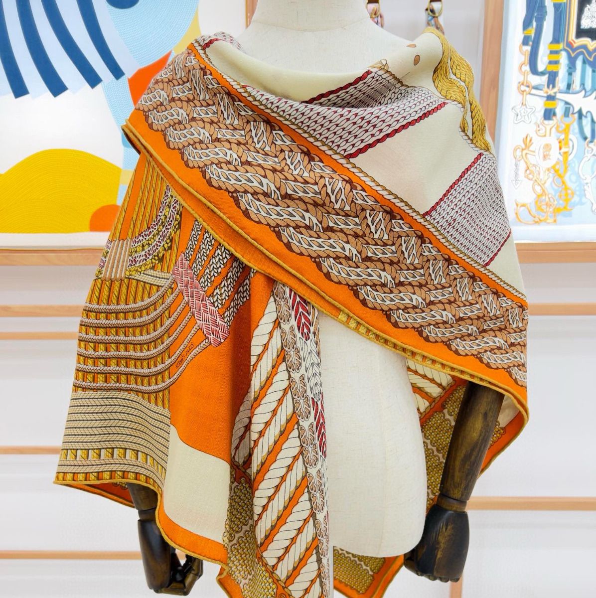 Hermes Orange Dressage Tressage Shawl 140 - Image 5